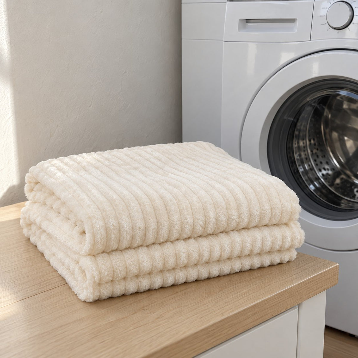 Plaid polaire côtelé ivoire plié à côté d'un lave-linge