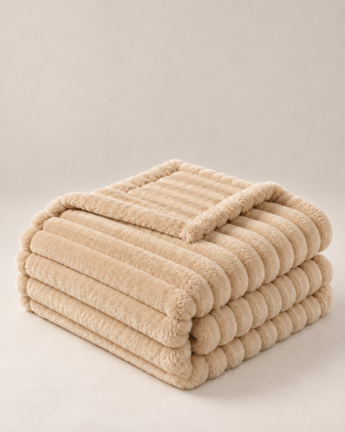 Plaid polaire côtelé Douillette, coloris beige sable, plié