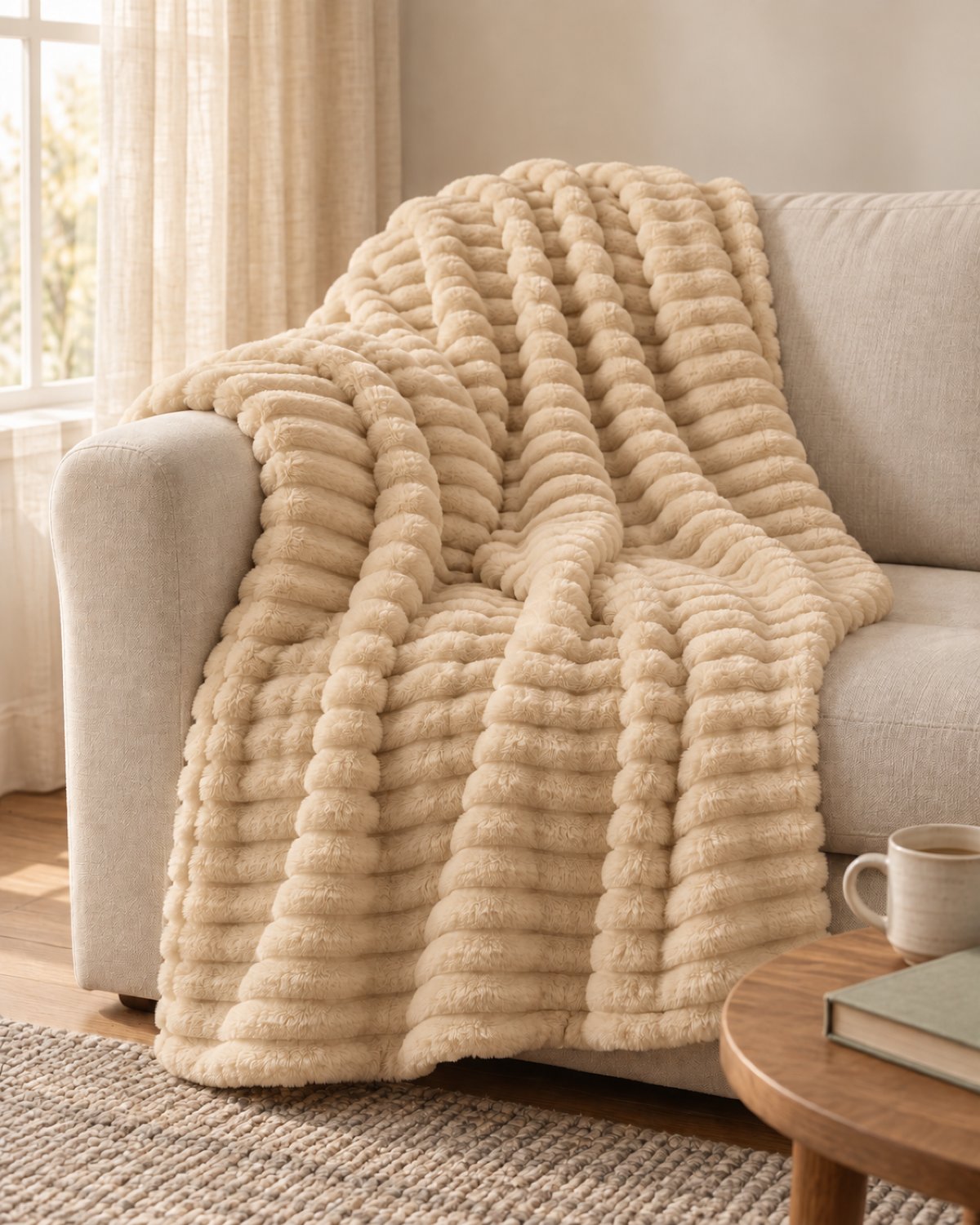 Plaid polaire côtelé Douillette, coloris beige sable, sur un canapé