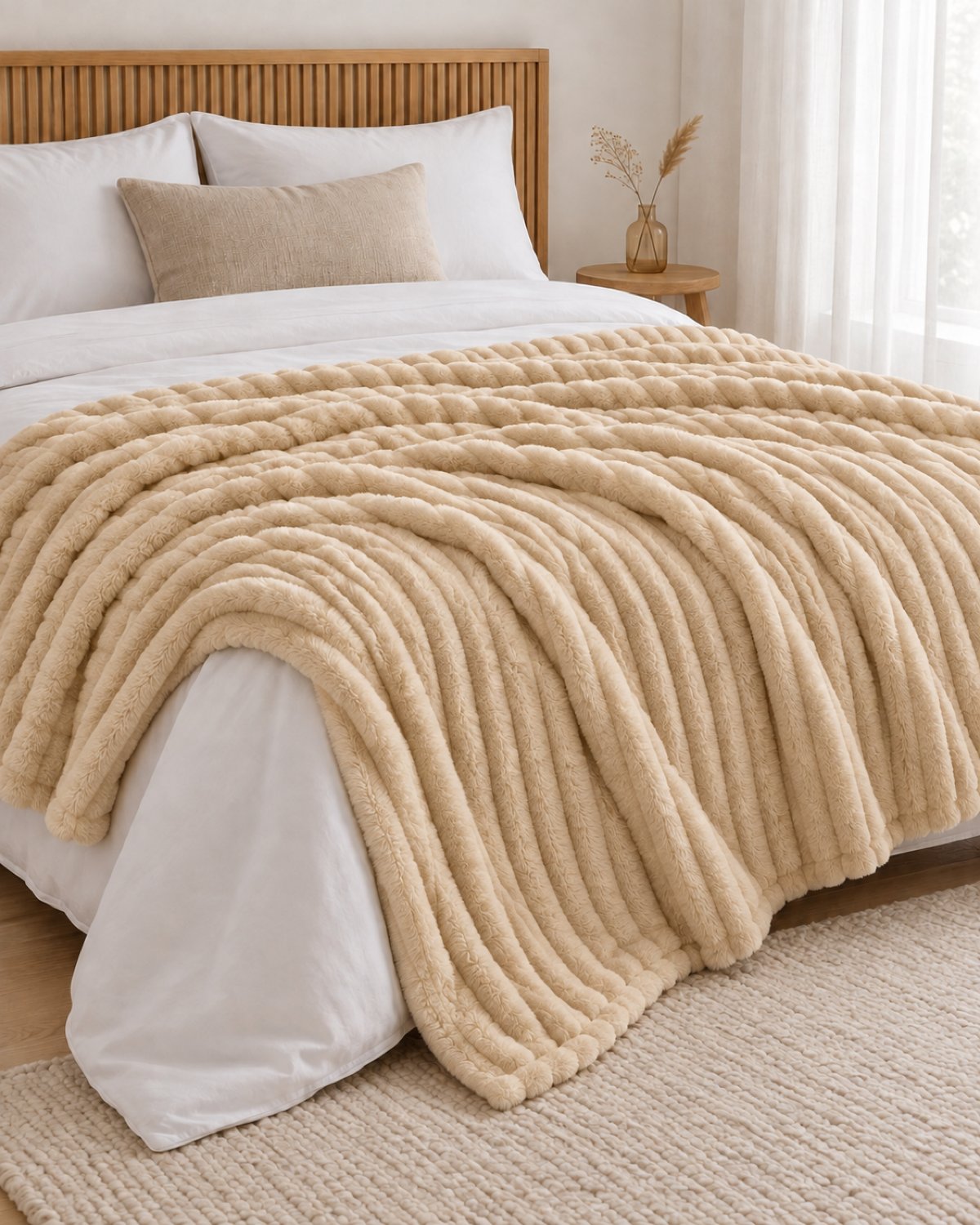 Plaid polaire côtelé Douillette, coloris beige sable, sur un lit, chambre en bois