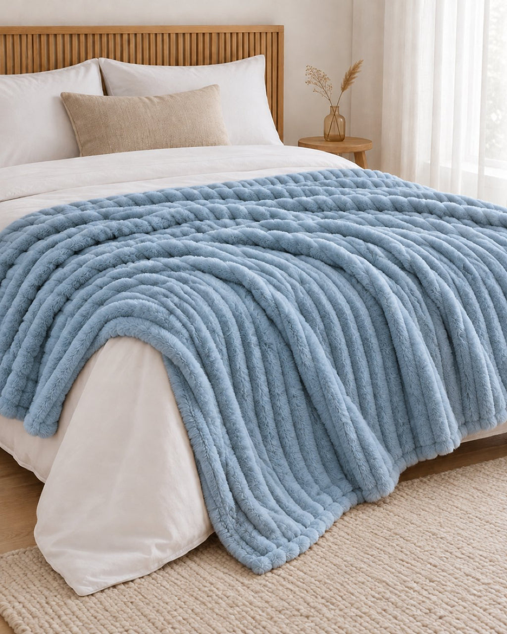 Plaid polaire côtelé Douillette, coloris bleu brume, sur un lit, chambre en bois