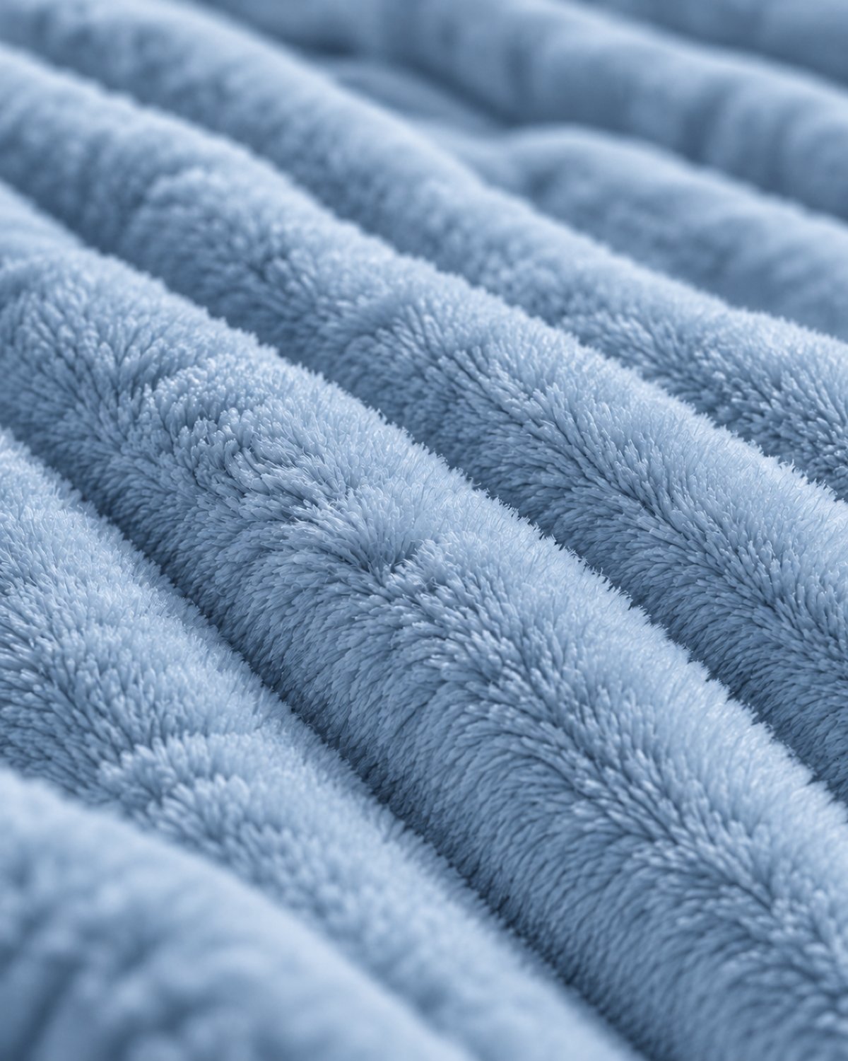 Plaid polaire côtelé Douillette, coloris bleu brume, gros plan sur la maille côtelée