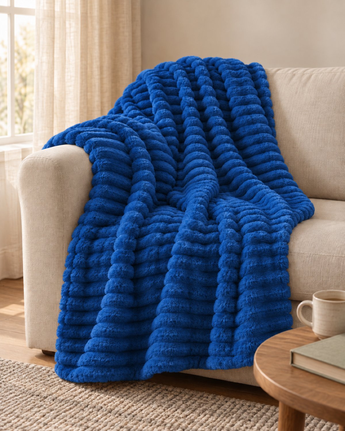 Plaid polaire côtelé Douillette, coloris bleu roi, sur un canapé
