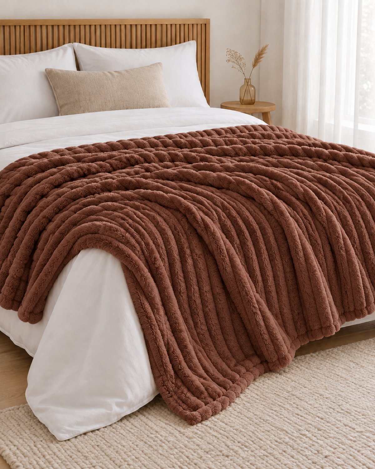 Plaid polaire côtelé Douillette, coloris chocolat, sur un lit, chambre en bois