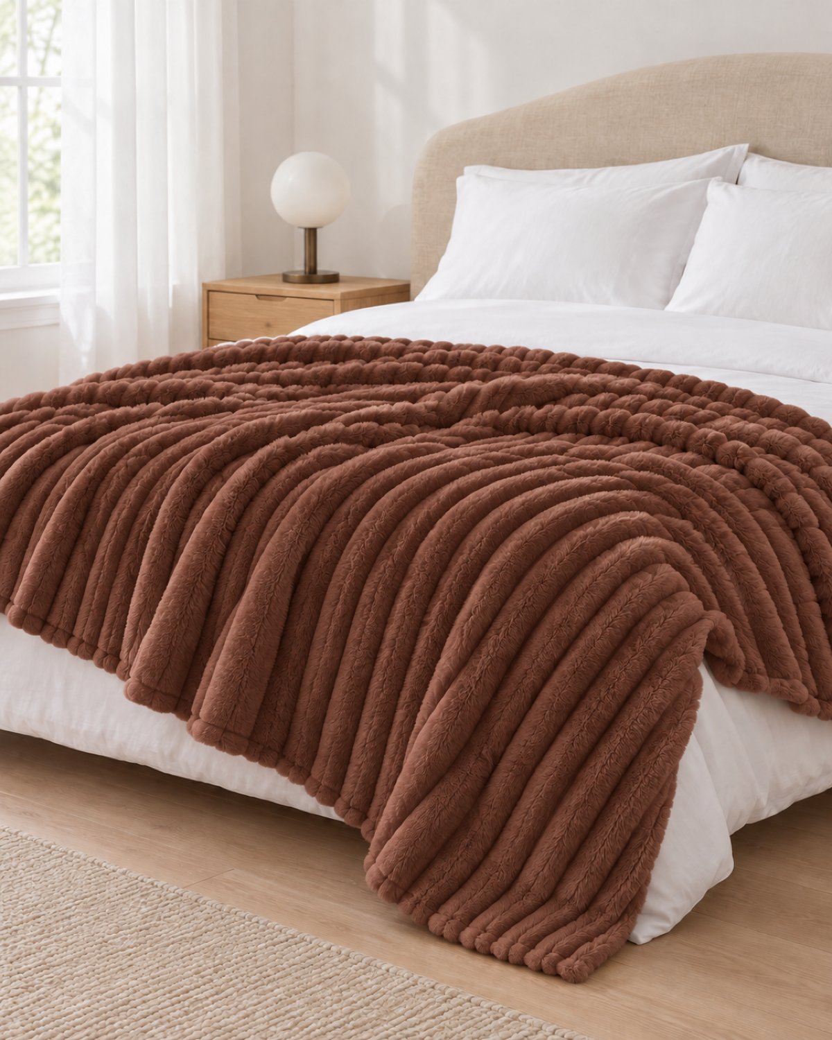Plaid polaire côtelé Douillette, coloris chocolat, sur un lit, chambre claire
