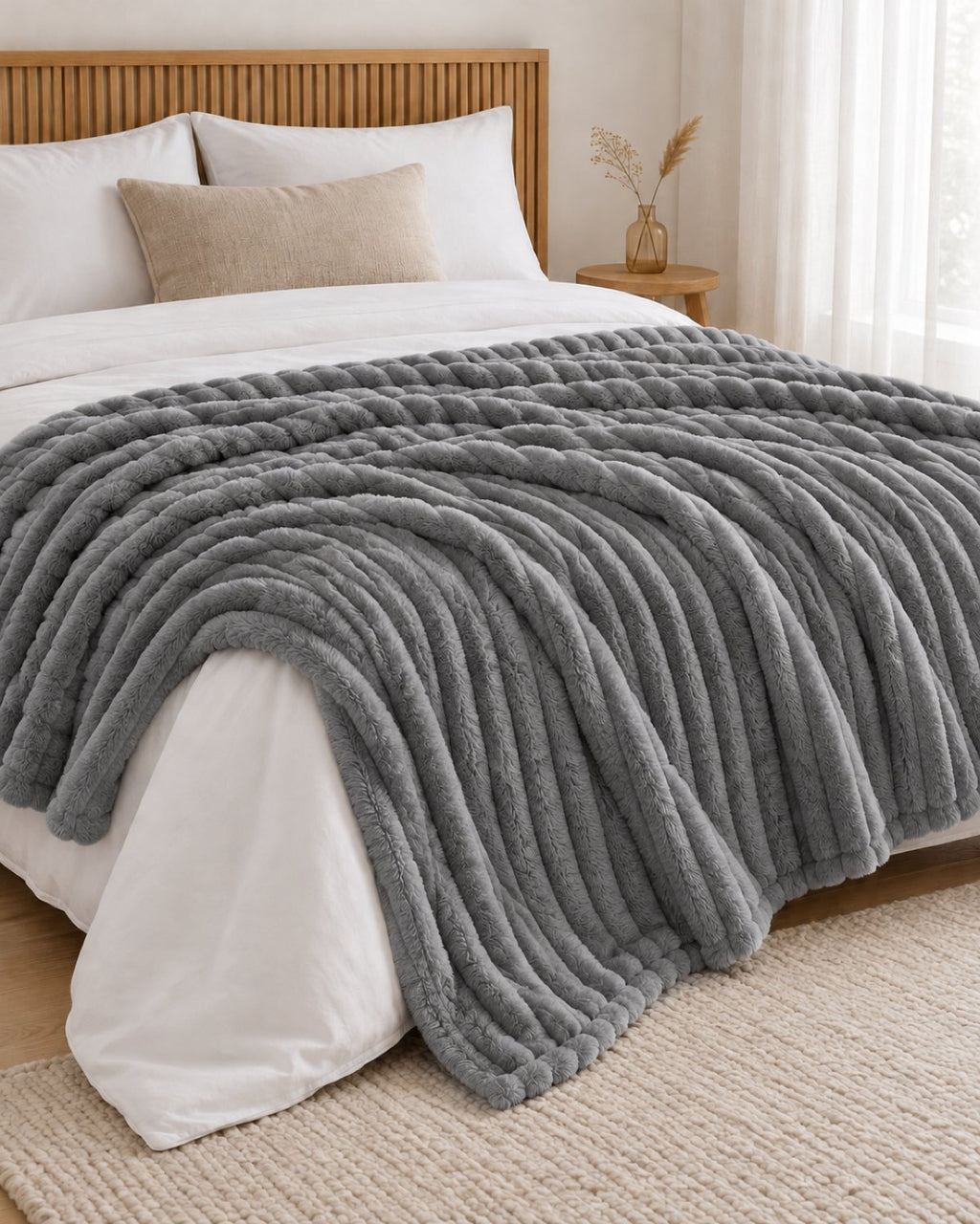 Plaid polaire côtelé Douillette, coloris gris anthracite, sur un lit, chambre en bois