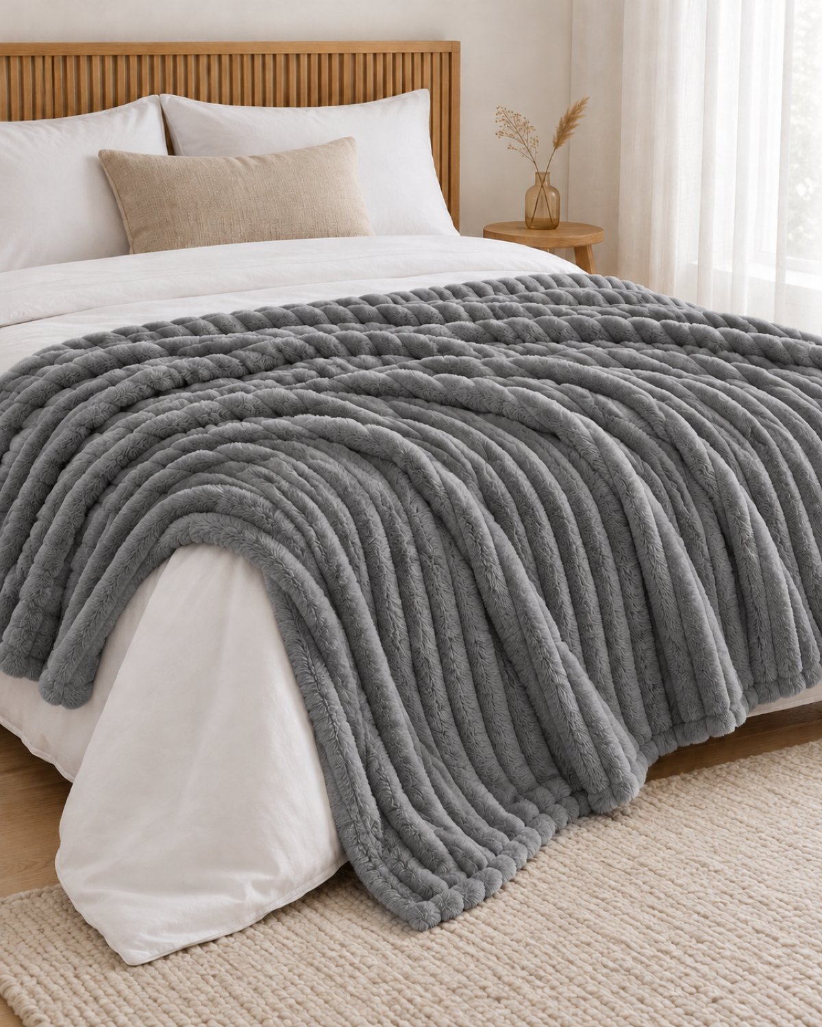 Plaid polaire côtelé Douillette, coloris gris anthracite, sur un lit, chambre en bois