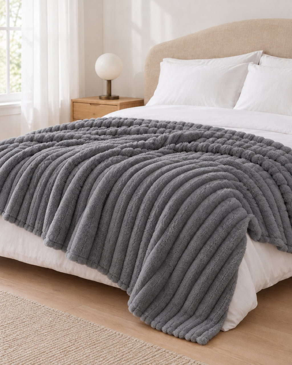 Plaid polaire côtelé Douillette, coloris gris anthracite, sur un lit, chambre claire