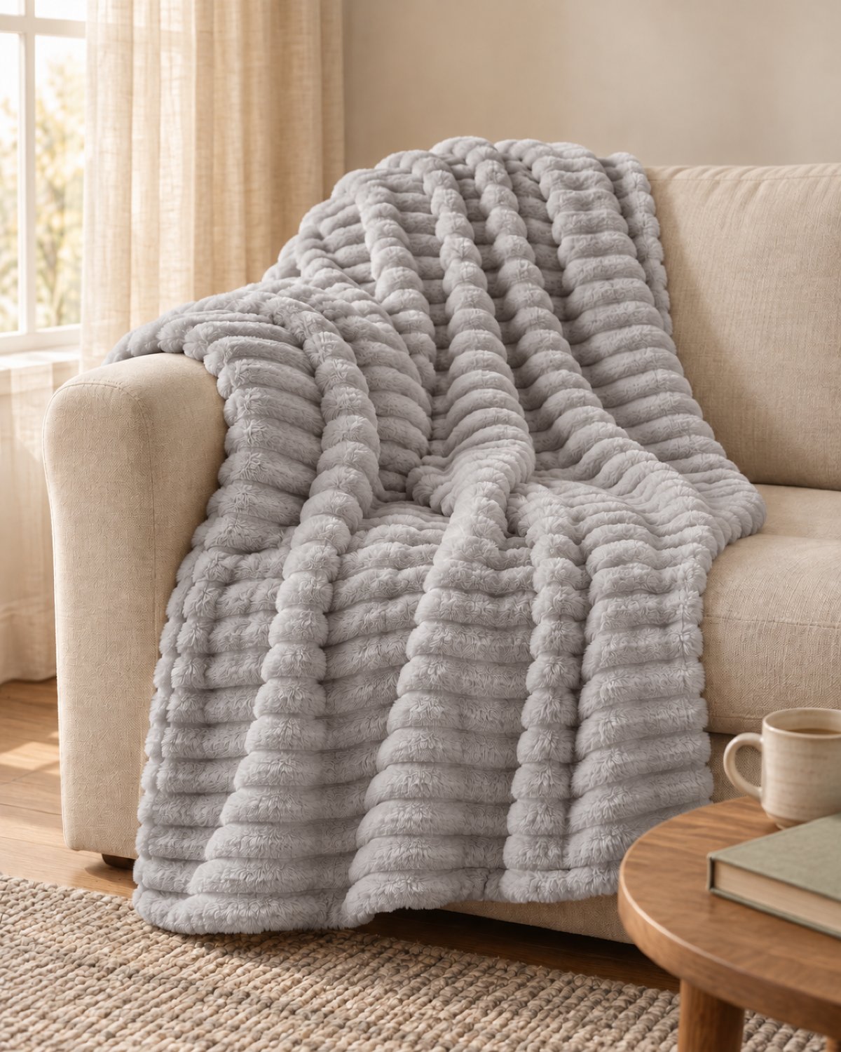 Plaid polaire côtelé Douillette, coloris gris perle, sur un canapé