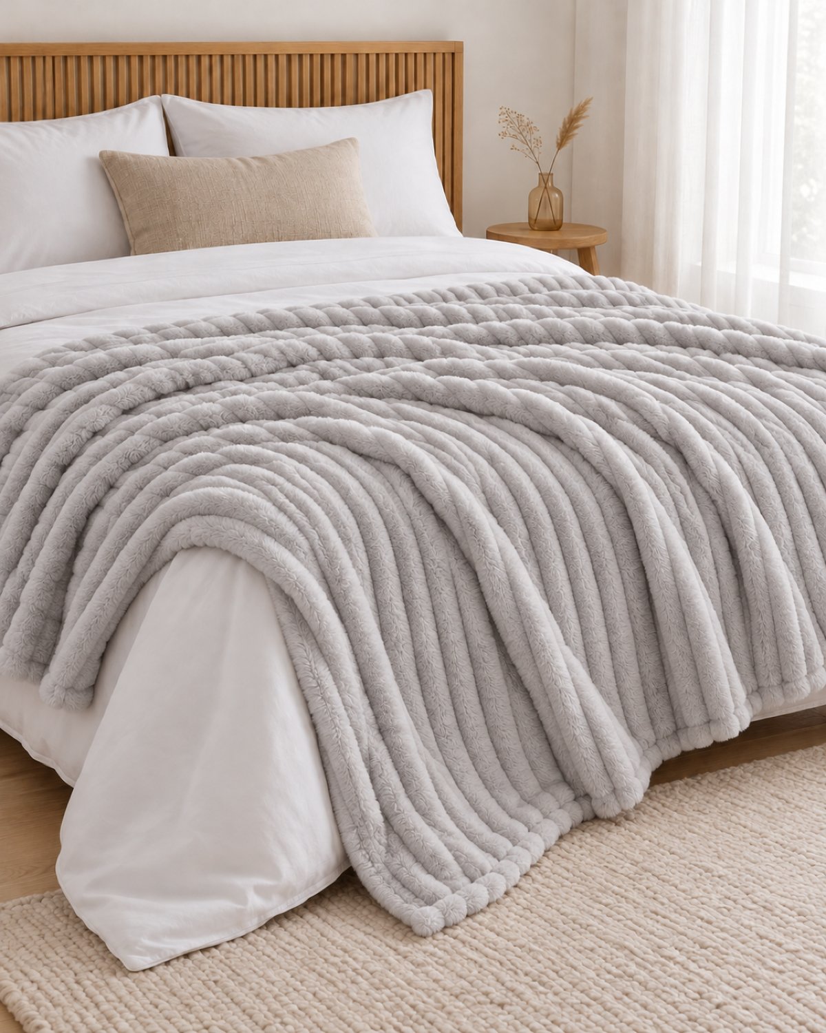 Plaid polaire côtelé Douillette, coloris gris perle, sur un lit, chambre en bois