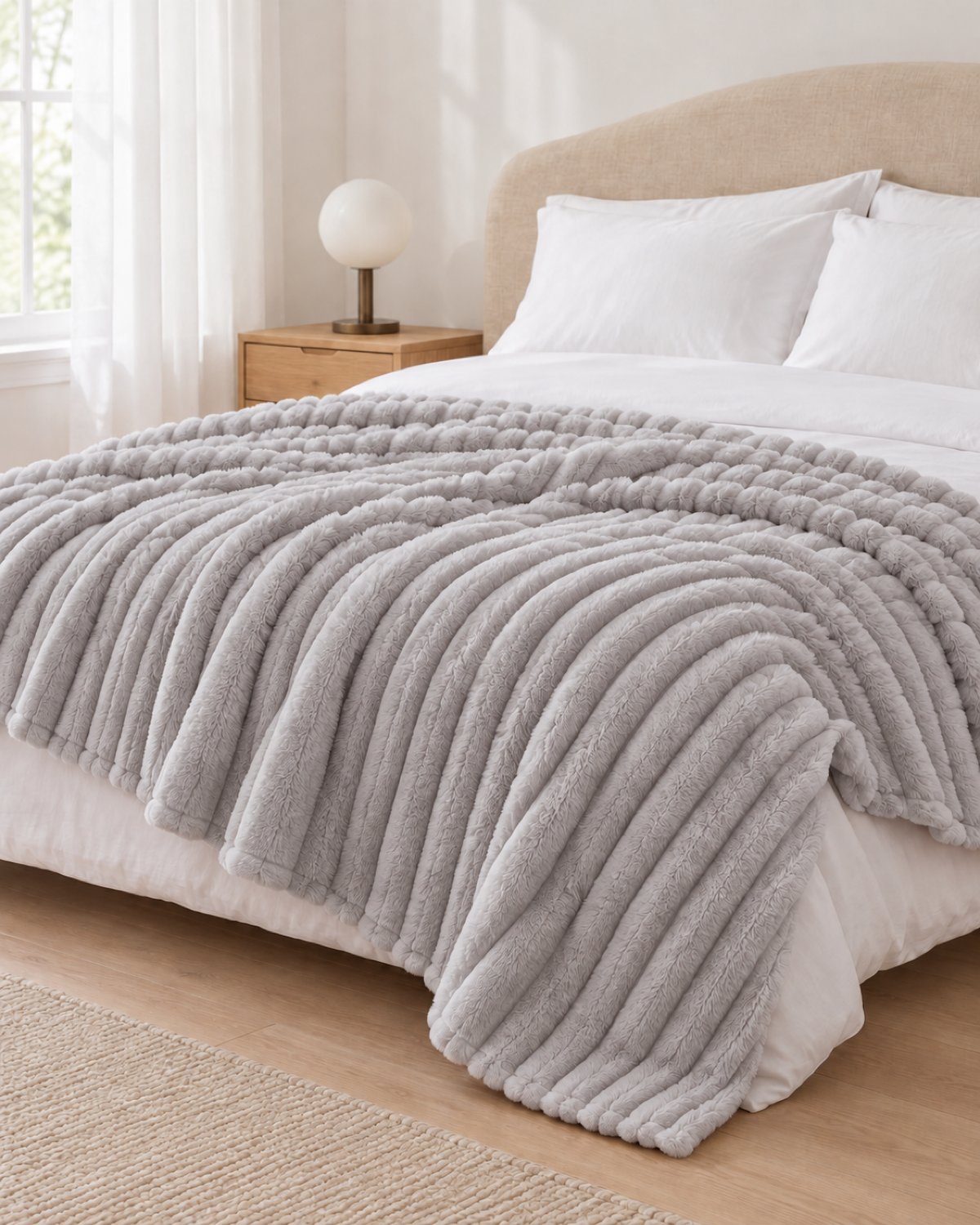 Plaid polaire côtelé Douillette, coloris gris perle, sur un lit, chambre claire