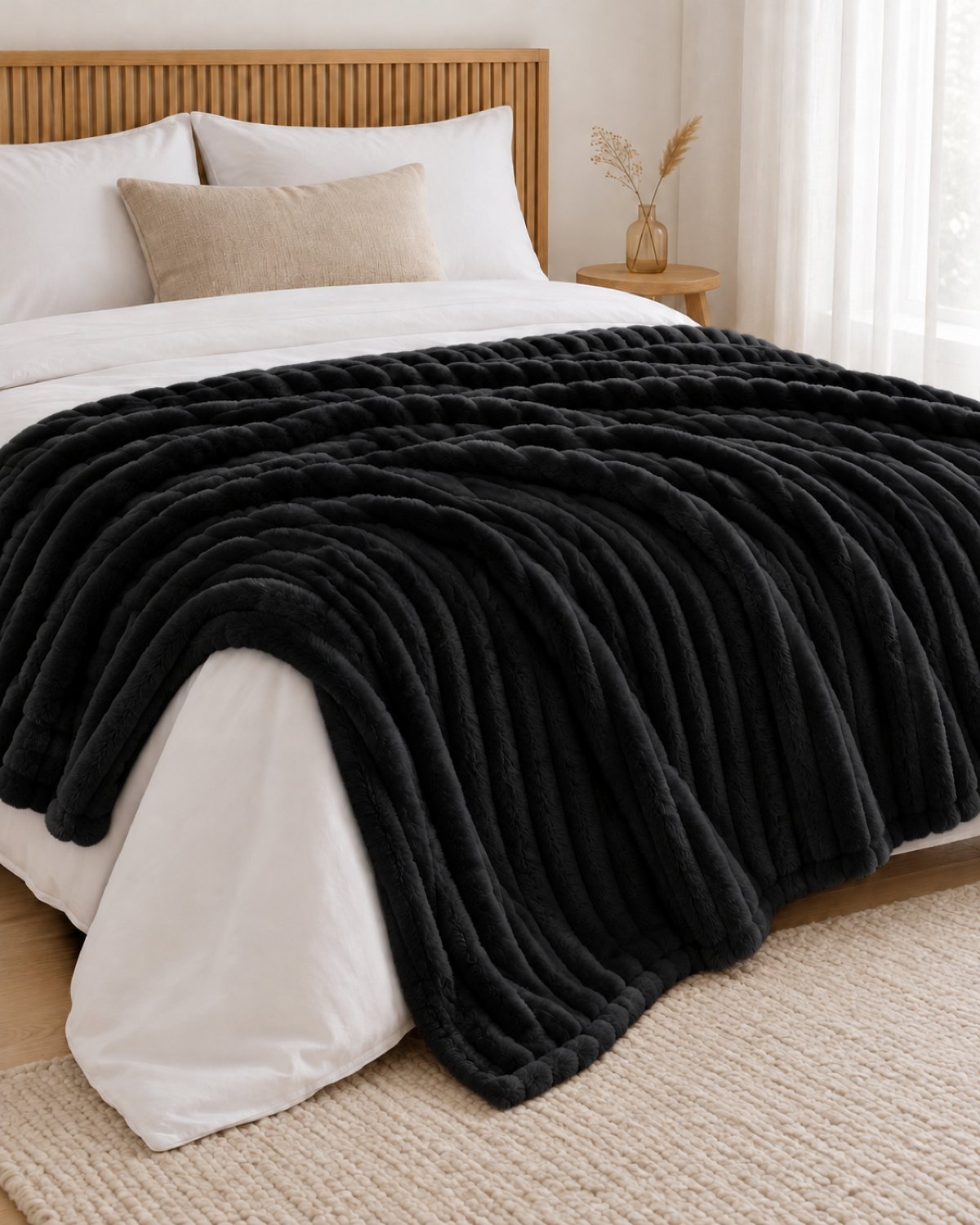 Plaid polaire côtelé Douillette, coloris noir, sur un lit, chambre en bois