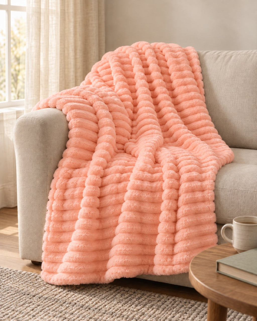 Plaid polaire côtelé Douillette, coloris pêche, sur un canapé