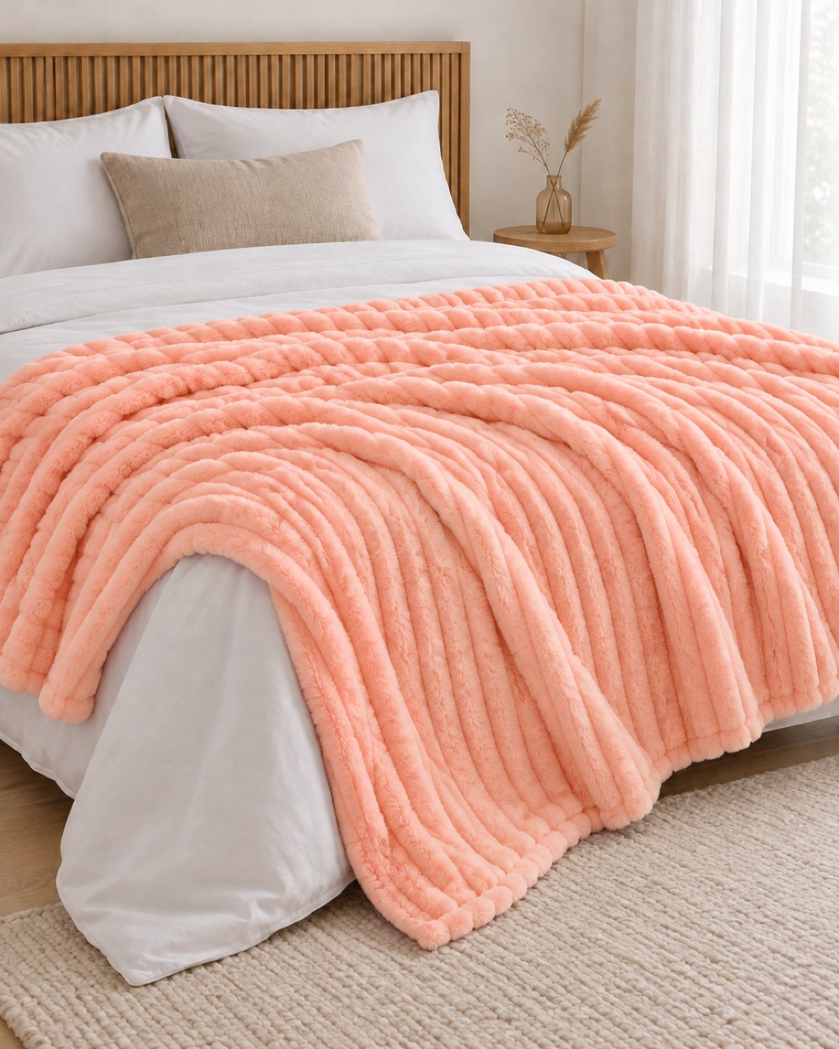 Plaid polaire côtelé Douillette, coloris pêche, sur un lit, chambre en bois