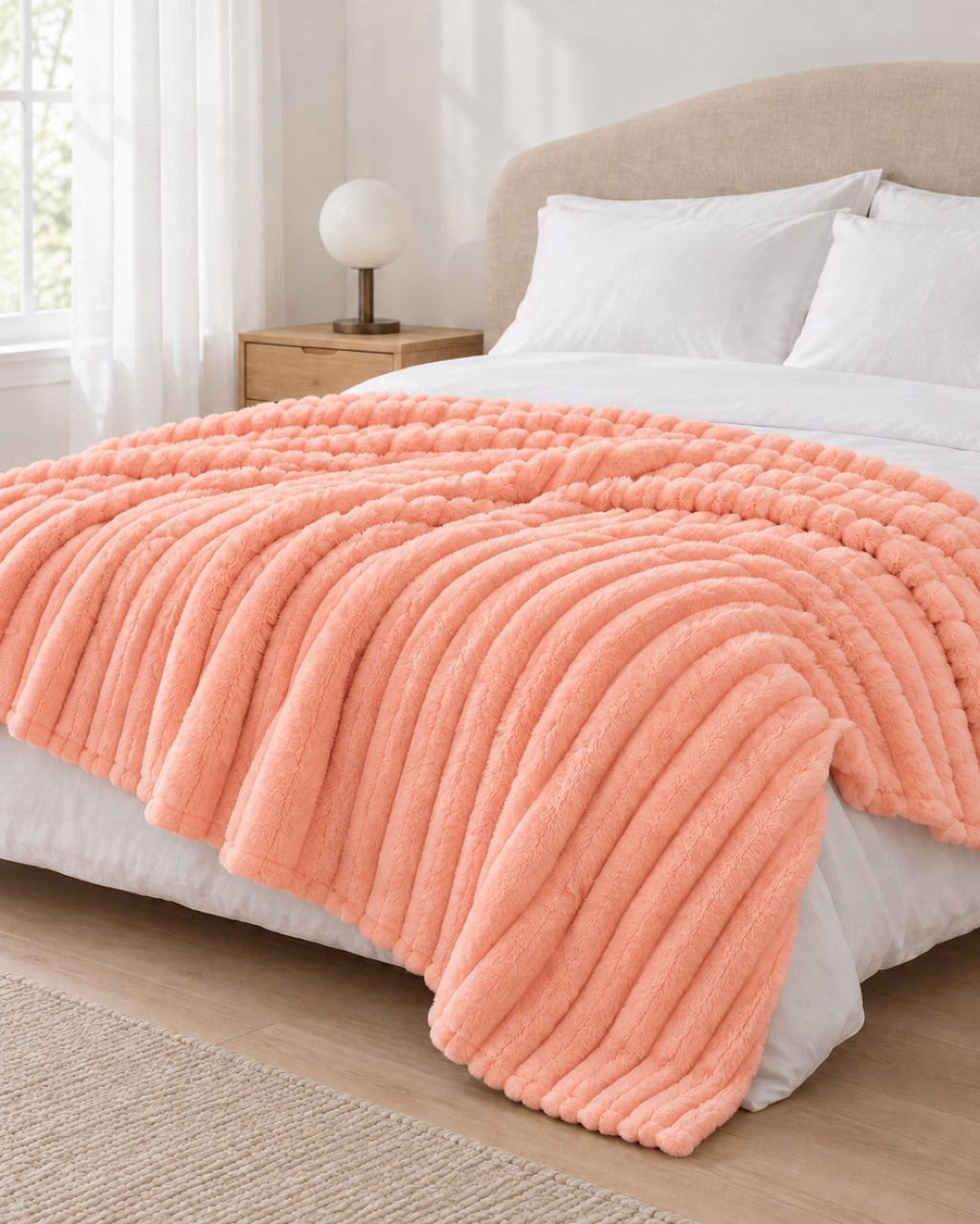 Plaid polaire côtelé Douillette, coloris pêche, sur un lit, chambre claire