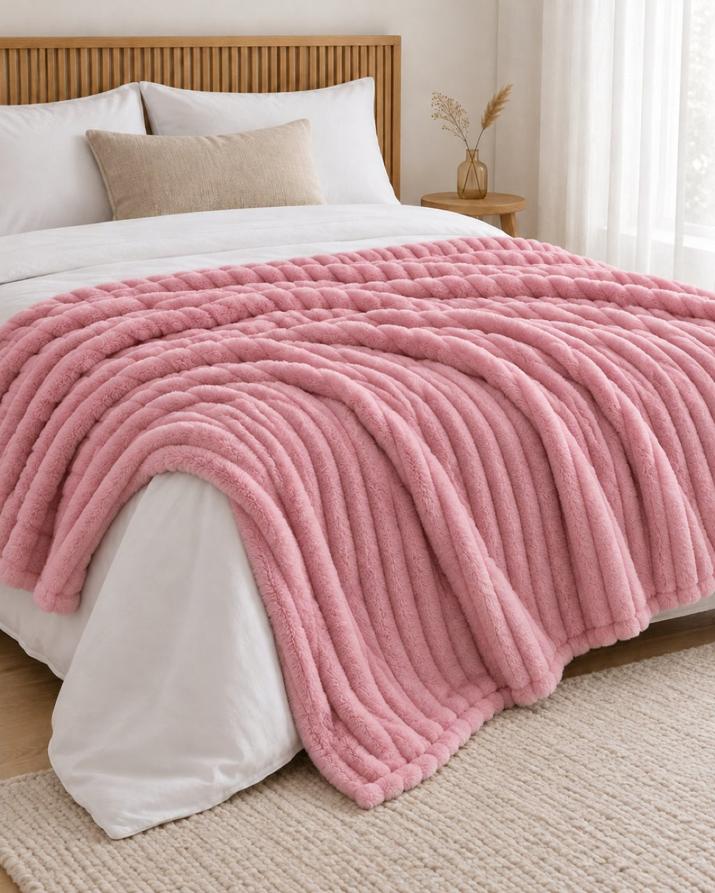Plaid polaire côtelé Douillette, coloris rose poudré, sur un lit, chambre en bois
