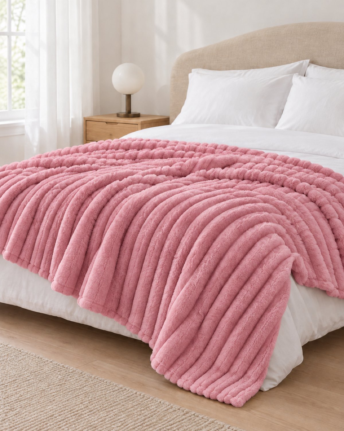 Plaid polaire côtelé Douillette, coloris rose poudré, sur un lit, chambre claire