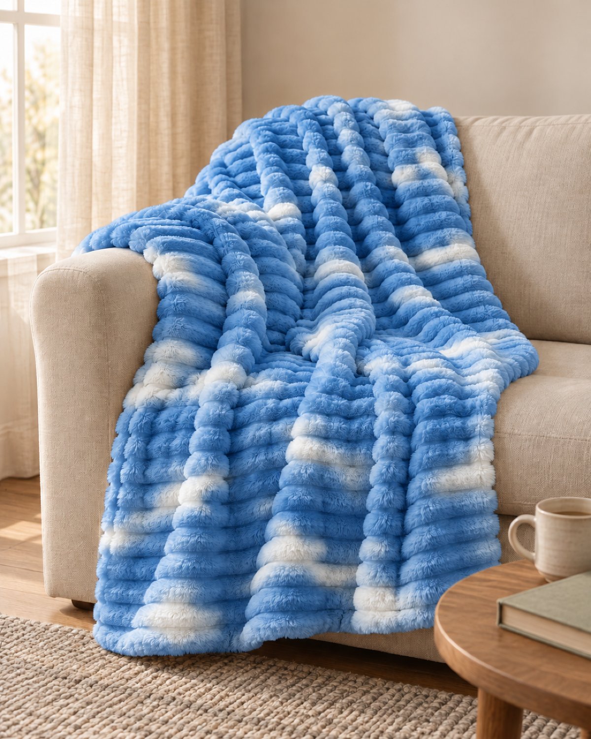 Plaid polaire côtelé Douillette, coloris tie-dye bleu ciel, sur un canapé