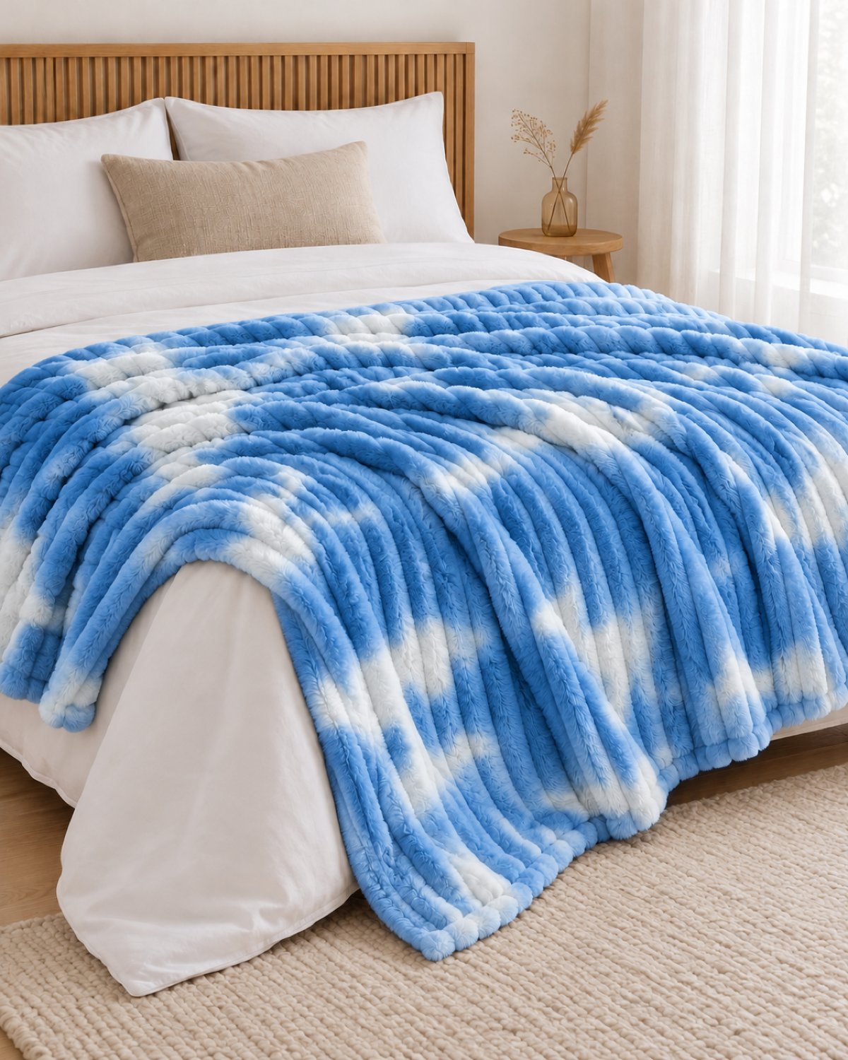 Plaid polaire côtelé Douillette, coloris tie-dye bleu ciel, sur un lit, chambre en bois