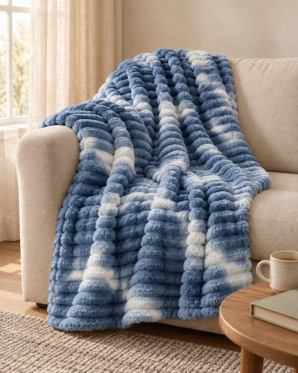 Plaid polaire côtelé Douillette, coloris tie-dye bleu denim, sur un canapé