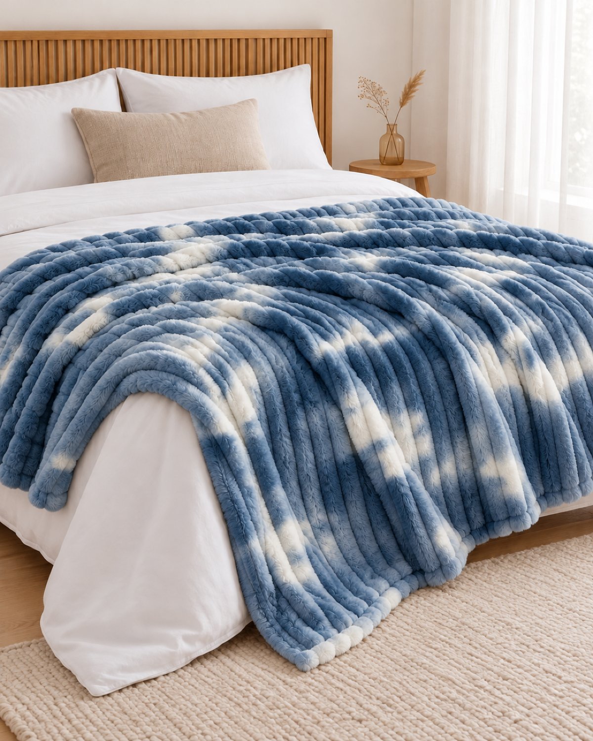 Plaid polaire côtelé Douillette, coloris tie-dye bleu denim, sur un lit, chambre en bois