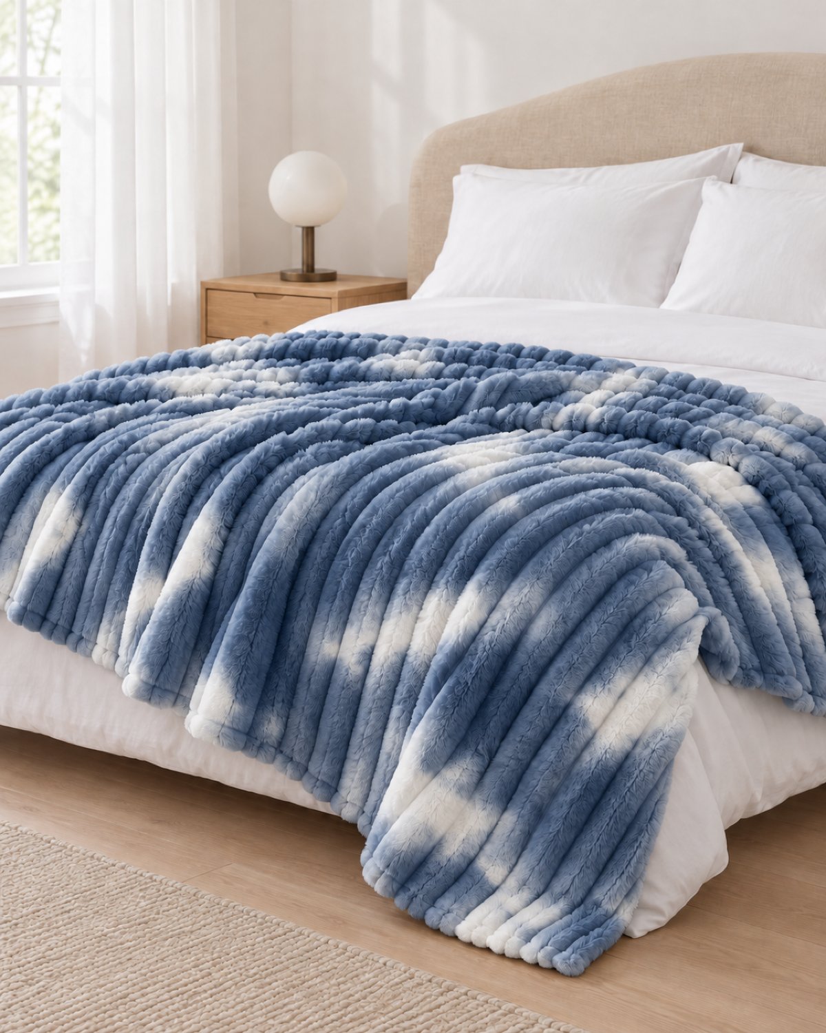Plaid polaire côtelé Douillette, coloris tie-dye bleu denim, sur un lit, chambre claire