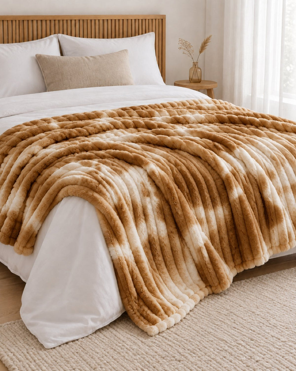 Plaid polaire côtelé Douillette, coloris tie-dye caramel, sur un lit, chambre en bois