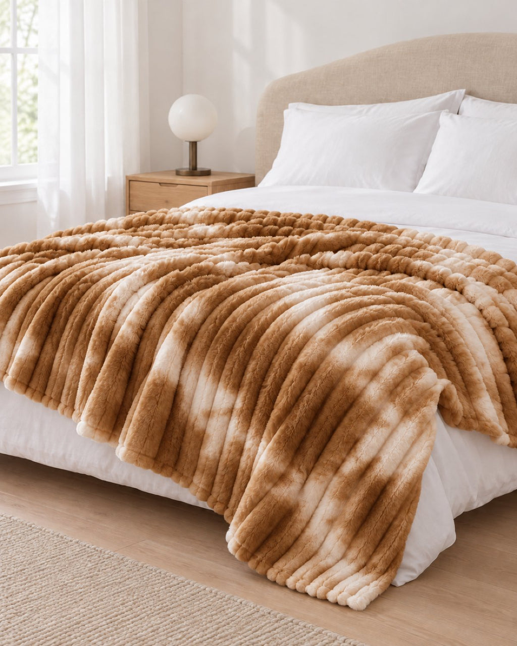 Plaid polaire côtelé Douillette, coloris tie-dye caramel, sur un lit, chambre claire