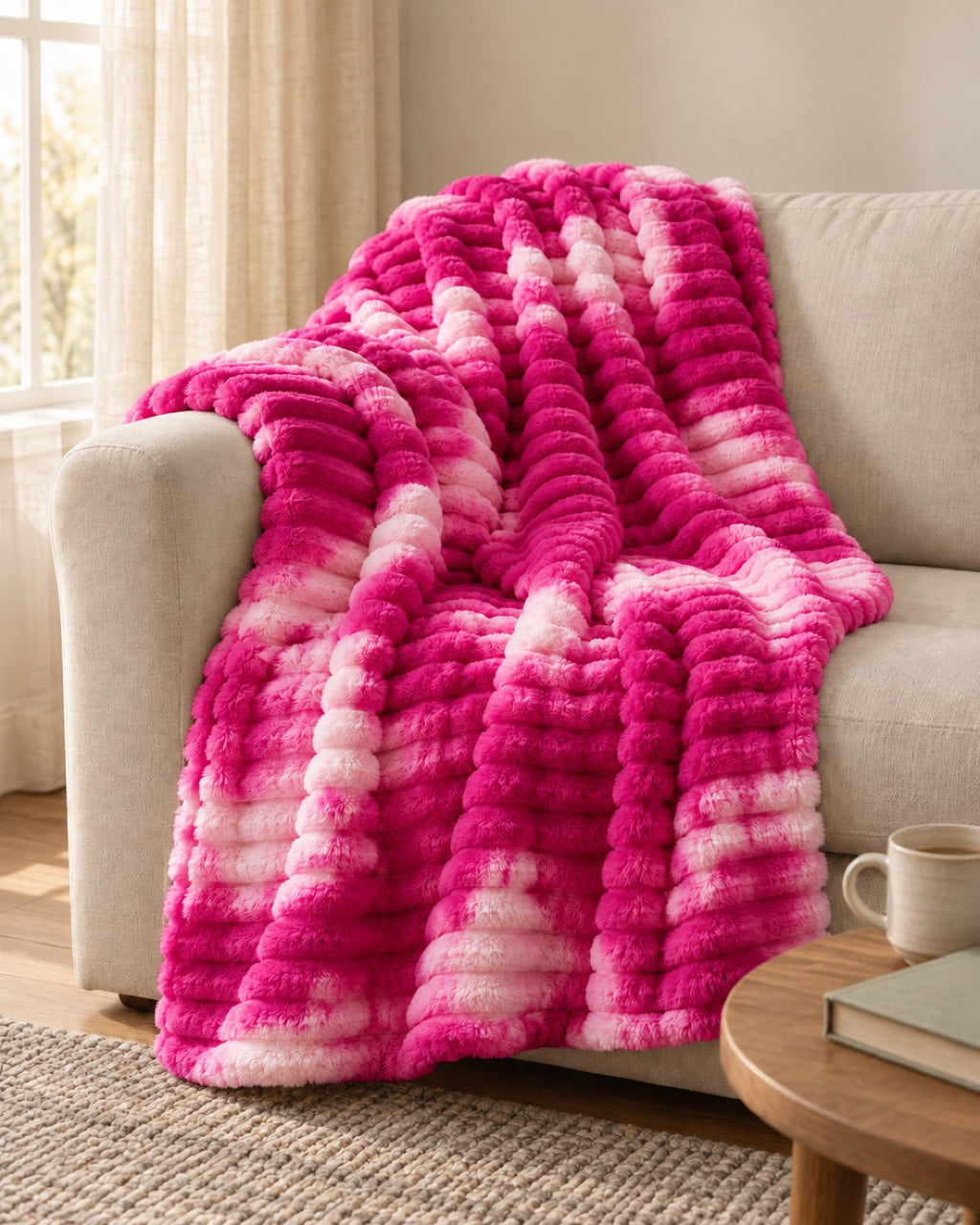 Plaid polaire côtelé Douillette, coloris tie-dye fuchsia, sur un canapé
