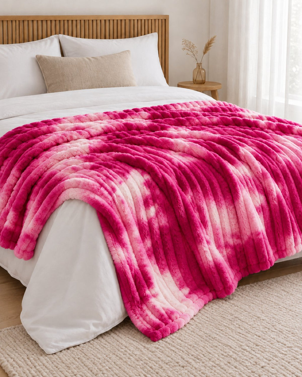 Plaid polaire côtelé Douillette, coloris tie-dye fuchsia, sur un lit, chambre en bois