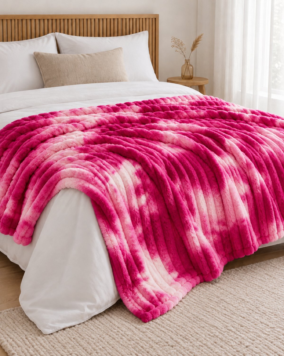Plaid polaire côtelé Douillette, coloris tie-dye fuchsia, sur un lit, chambre en bois