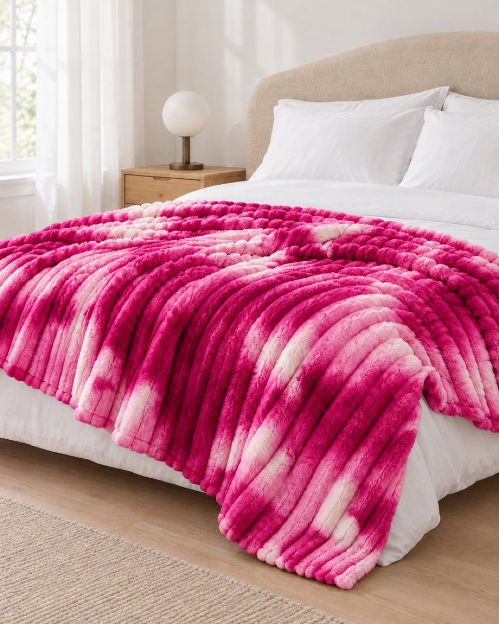 Plaid polaire côtelé Douillette, coloris tie-dye fuchsia, sur un lit, chambre claire
