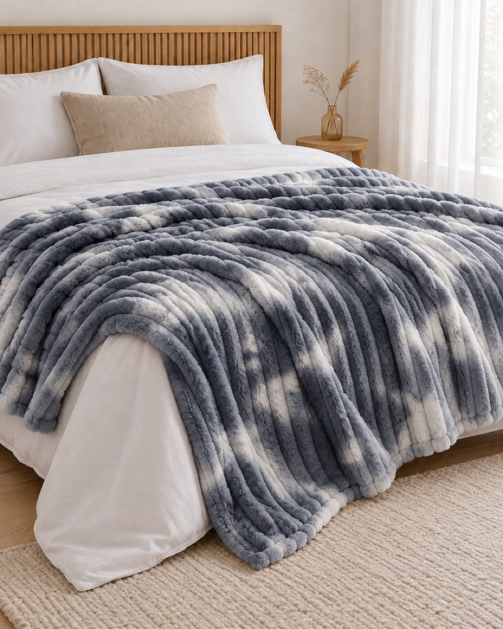 Plaid polaire côtelé Douillette, coloris tie-dye gris, sur un lit, chambre en bois