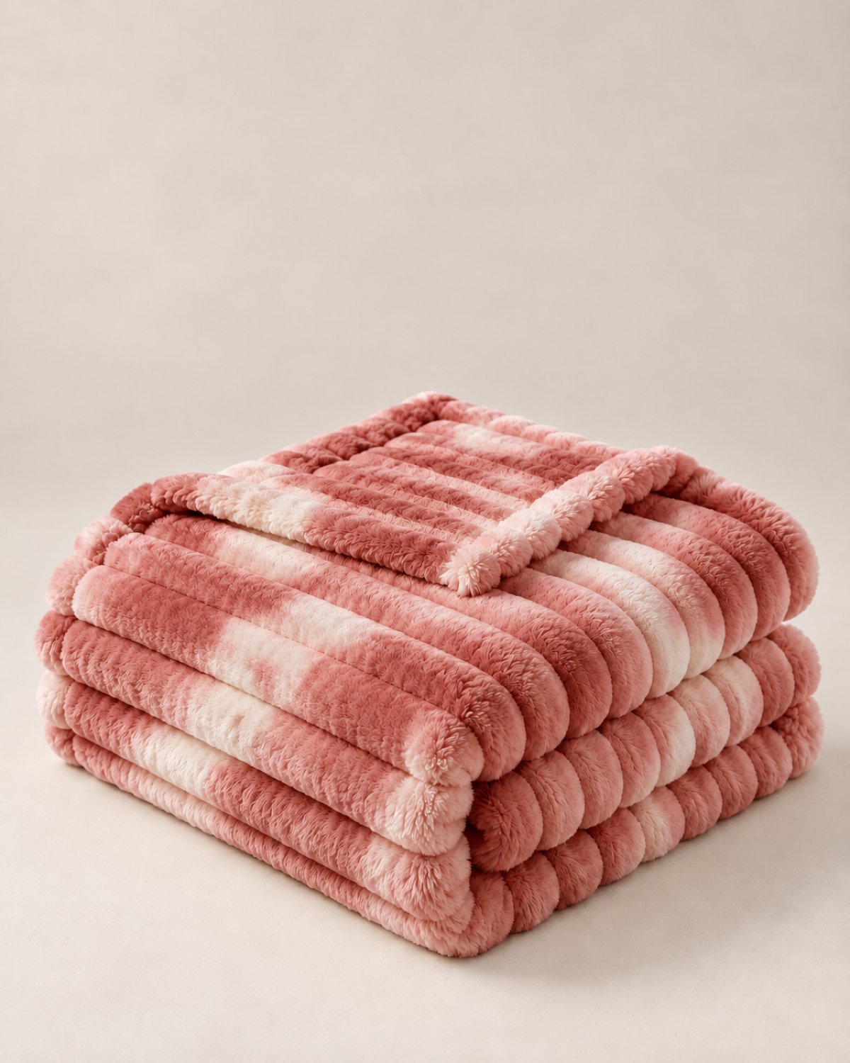Plaid polaire côtelé Douillette, coloris tie-dye rose terracotta, plié