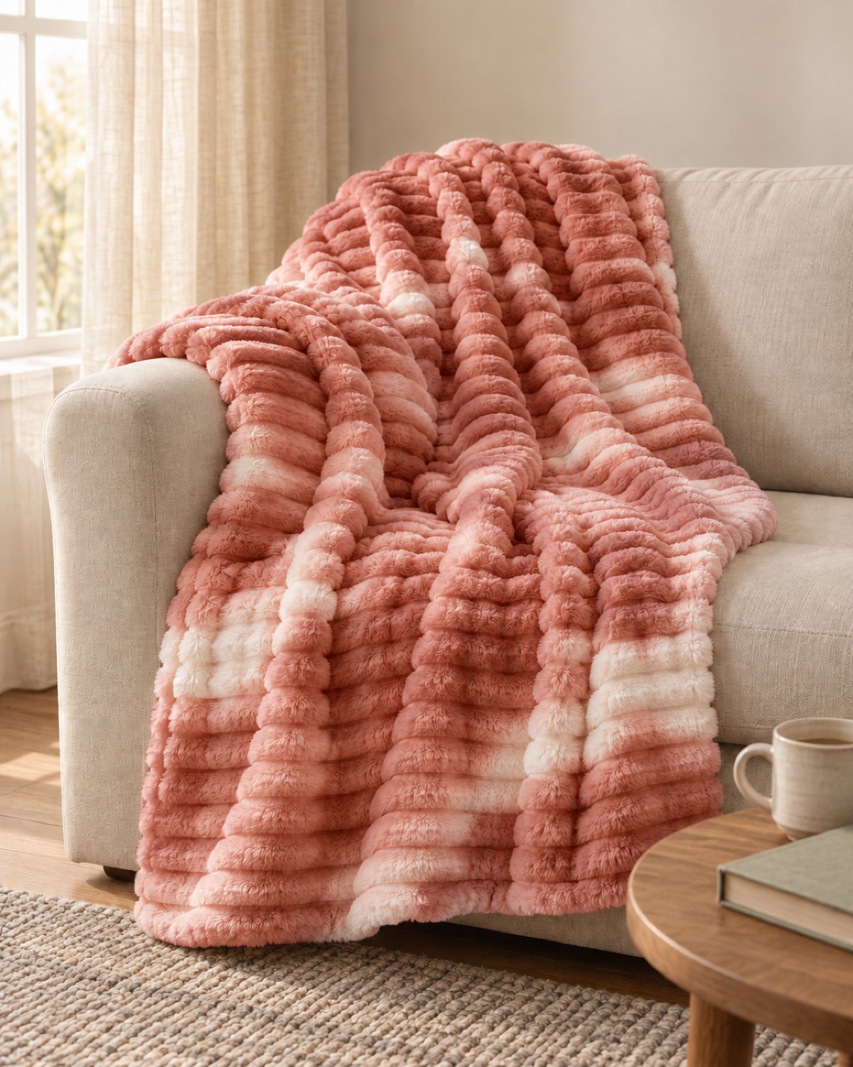 Plaid polaire côtelé Douillette, coloris tie-dye rose terracotta, sur un canapé
