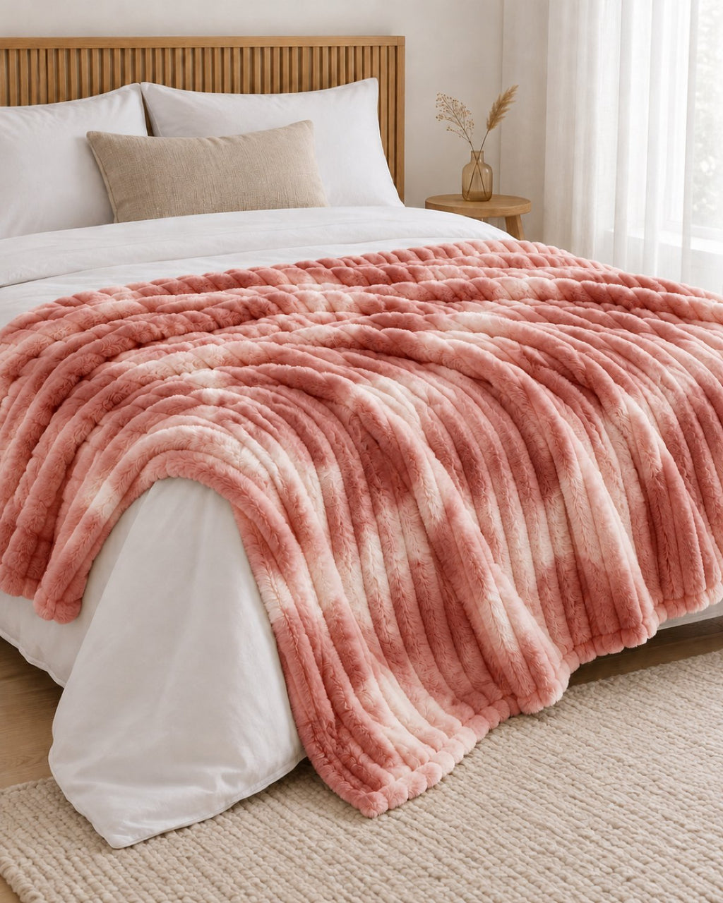 Plaid polaire côtelé Douillette, coloris tie-dye rose terracotta, sur un lit, chambre en bois