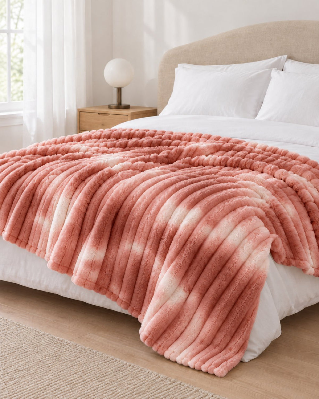 Plaid polaire côtelé Douillette, coloris tie-dye rose terracotta, sur un lit, chambre claire