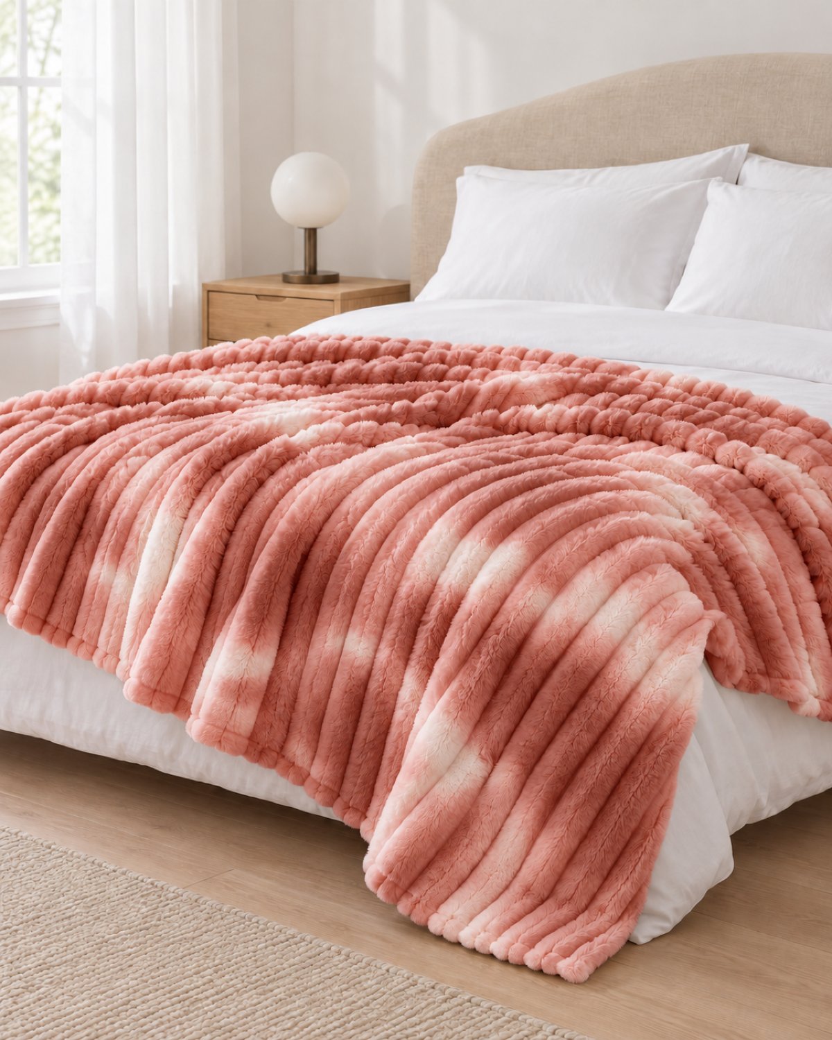 Plaid polaire côtelé Douillette, coloris tie-dye rose terracotta, sur un lit, chambre claire