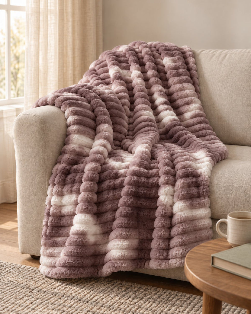 Plaid polaire côtelé Douillette, coloris tie-dye taupe, sur un canapé