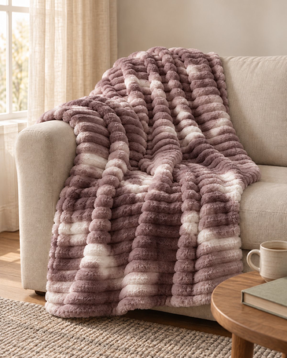 Plaid polaire côtelé Douillette, coloris tie-dye taupe, sur un canapé