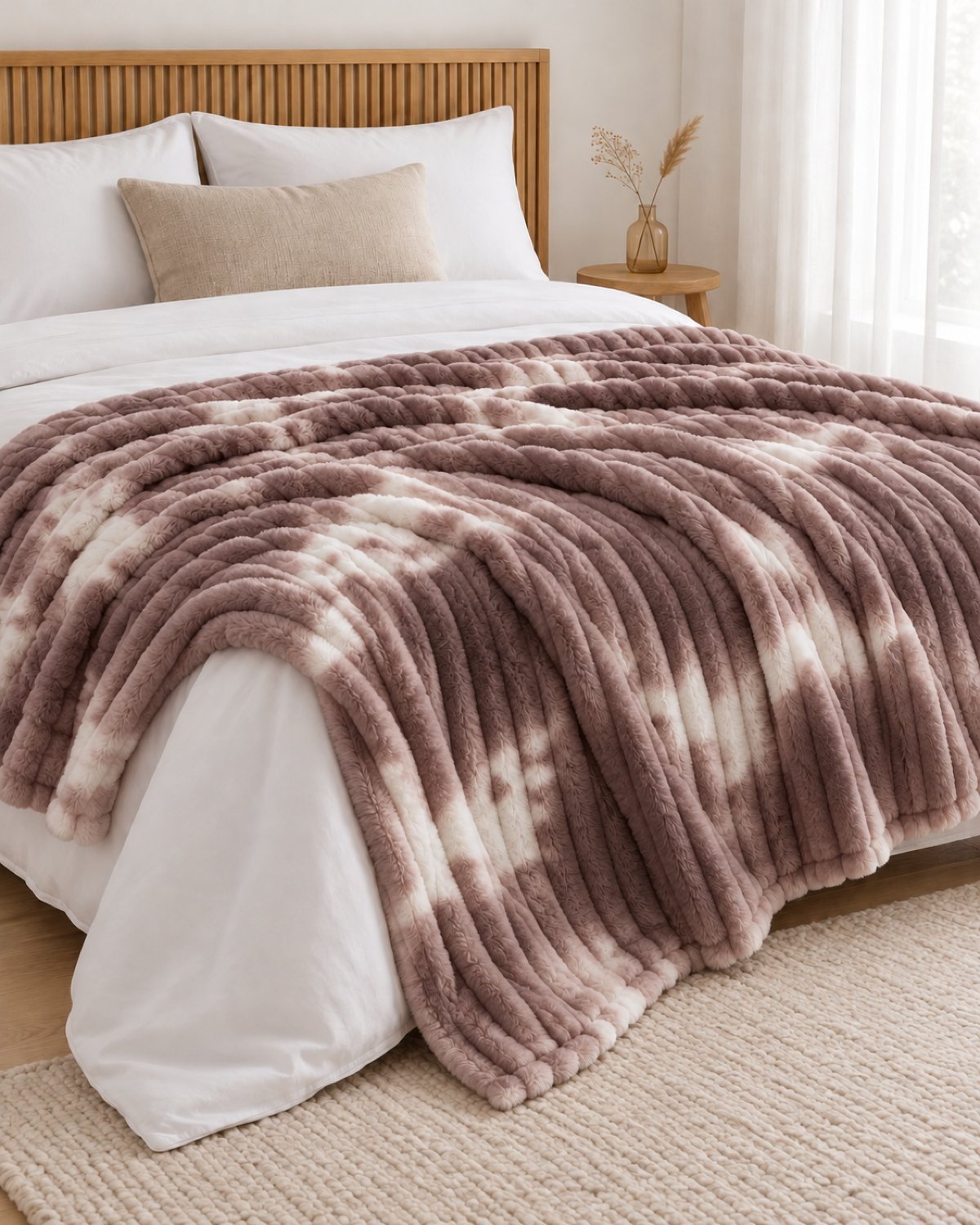 Plaid polaire côtelé Douillette, coloris tie-dye taupe, sur un lit, chambre en bois