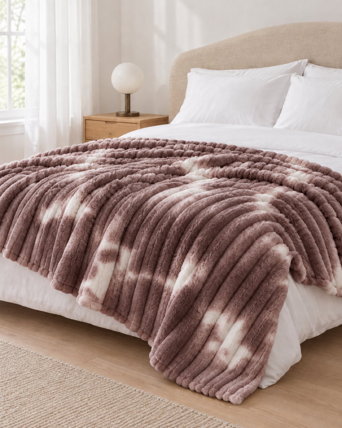 Plaid polaire côtelé Douillette, coloris tie-dye taupe, sur un lit, chambre claire