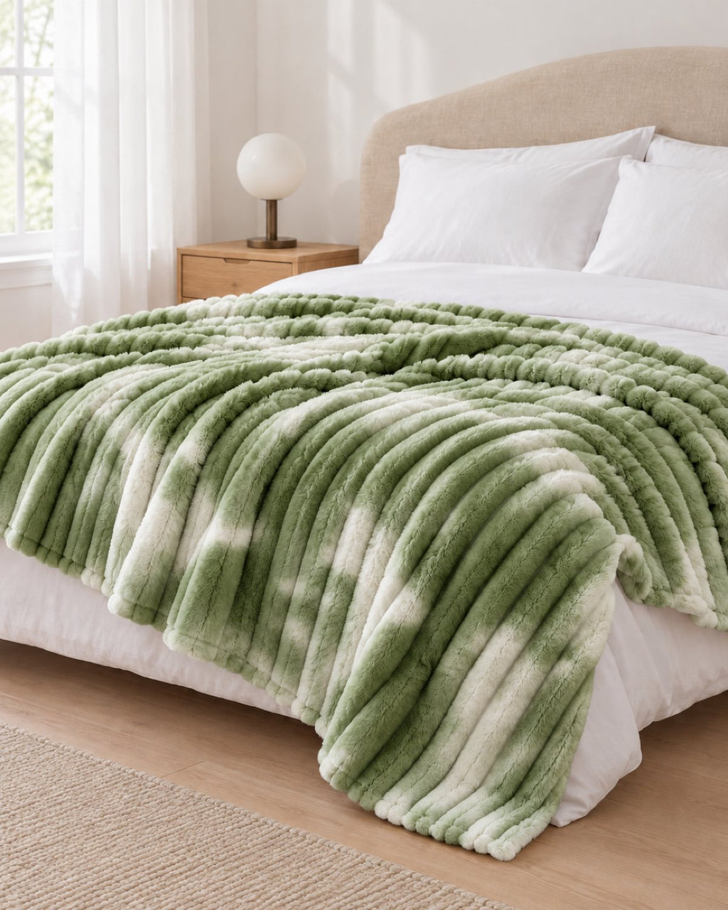 Plaid polaire côtelé Douillette, coloris tie-dye vert, sur un lit, chambre claire