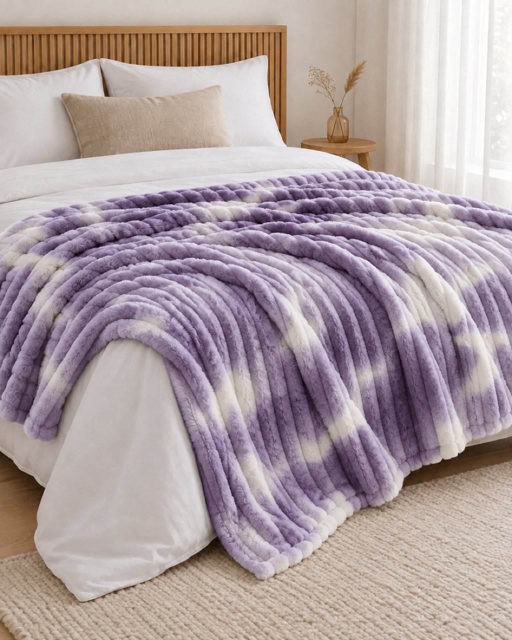 Plaid polaire côtelé Douillette, coloris tie-dye violet, sur un lit, chambre en bois