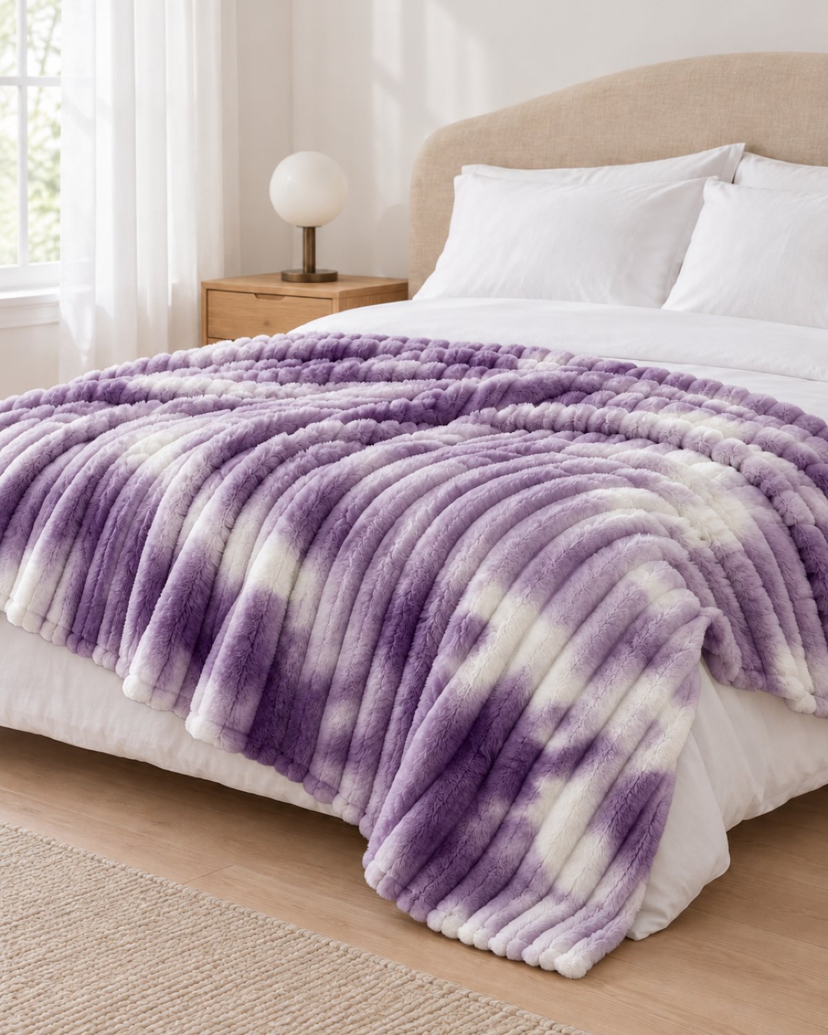 Plaid polaire côtelé Douillette, coloris tie-dye violet, sur un lit, chambre claire