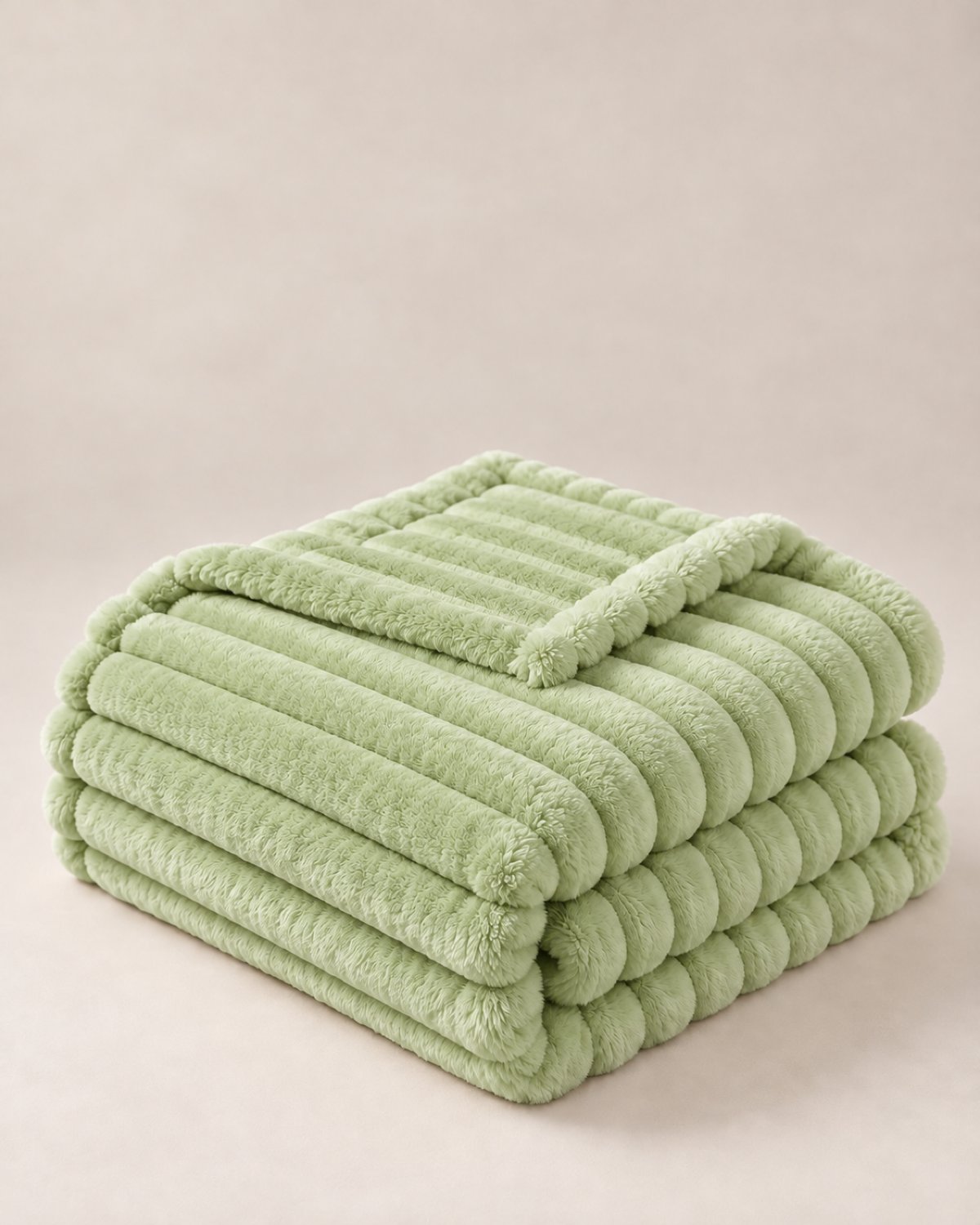 Plaid polaire côtelé Douillette, coloris vert sauge, plié